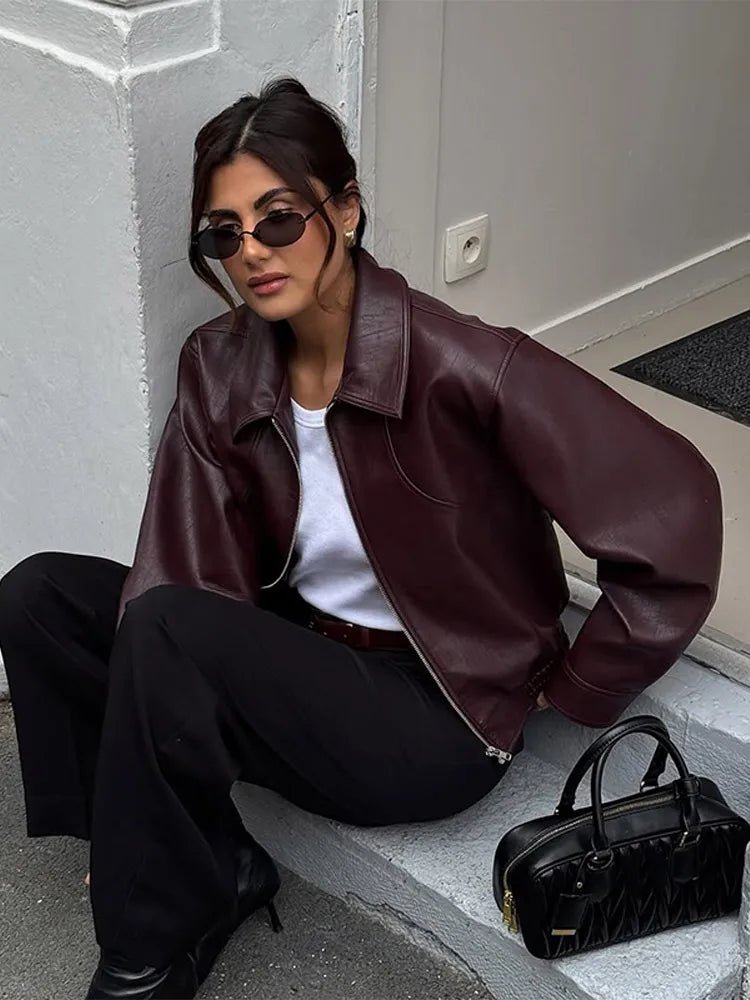 Casual Dark Zipper Leather Short Jacket Street Wear - Lunara shop