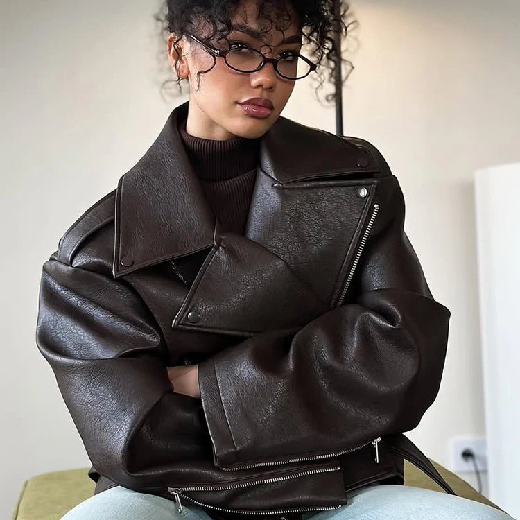 Casual Dark Zipper Leather Short Jacket Street Wear - Lunara shop