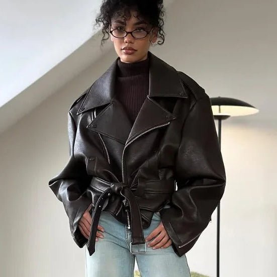 Casual Dark Zipper Leather Short Jacket Street Wear - Lunara shop