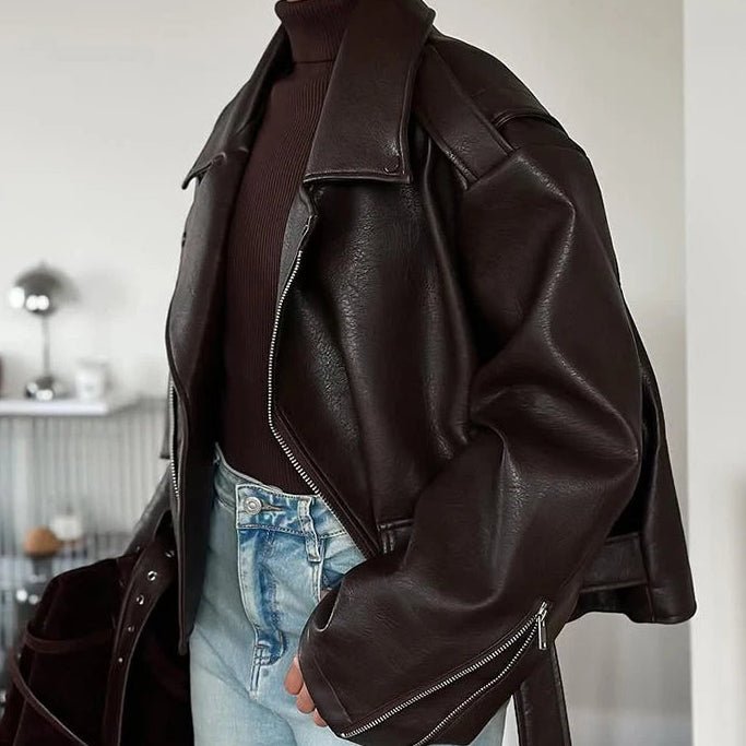 Casual Dark Zipper Leather Short Jacket Street Wear - Lunara shop