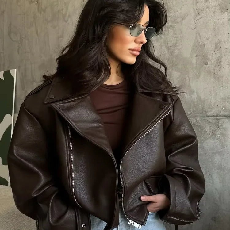 Casual Dark Zipper Leather Short Jacket Street Wear - Lunara shop